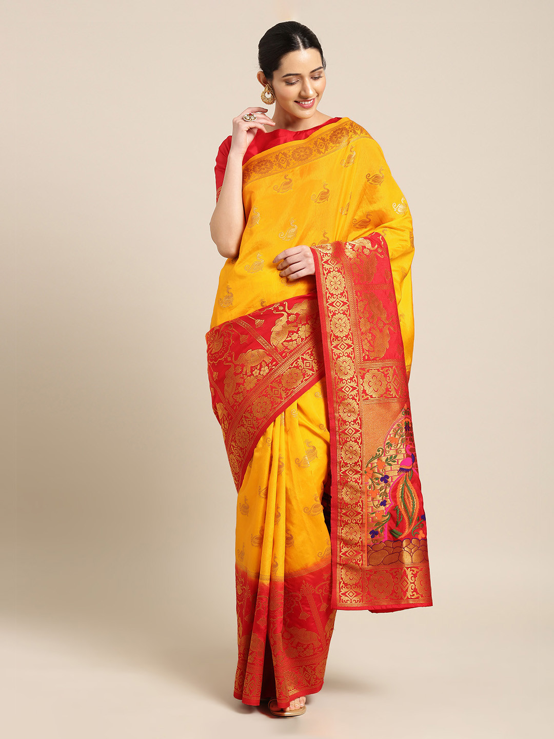 

Mitera Yellow & Red Silk Blend Woven Design Kanjeevaram Saree