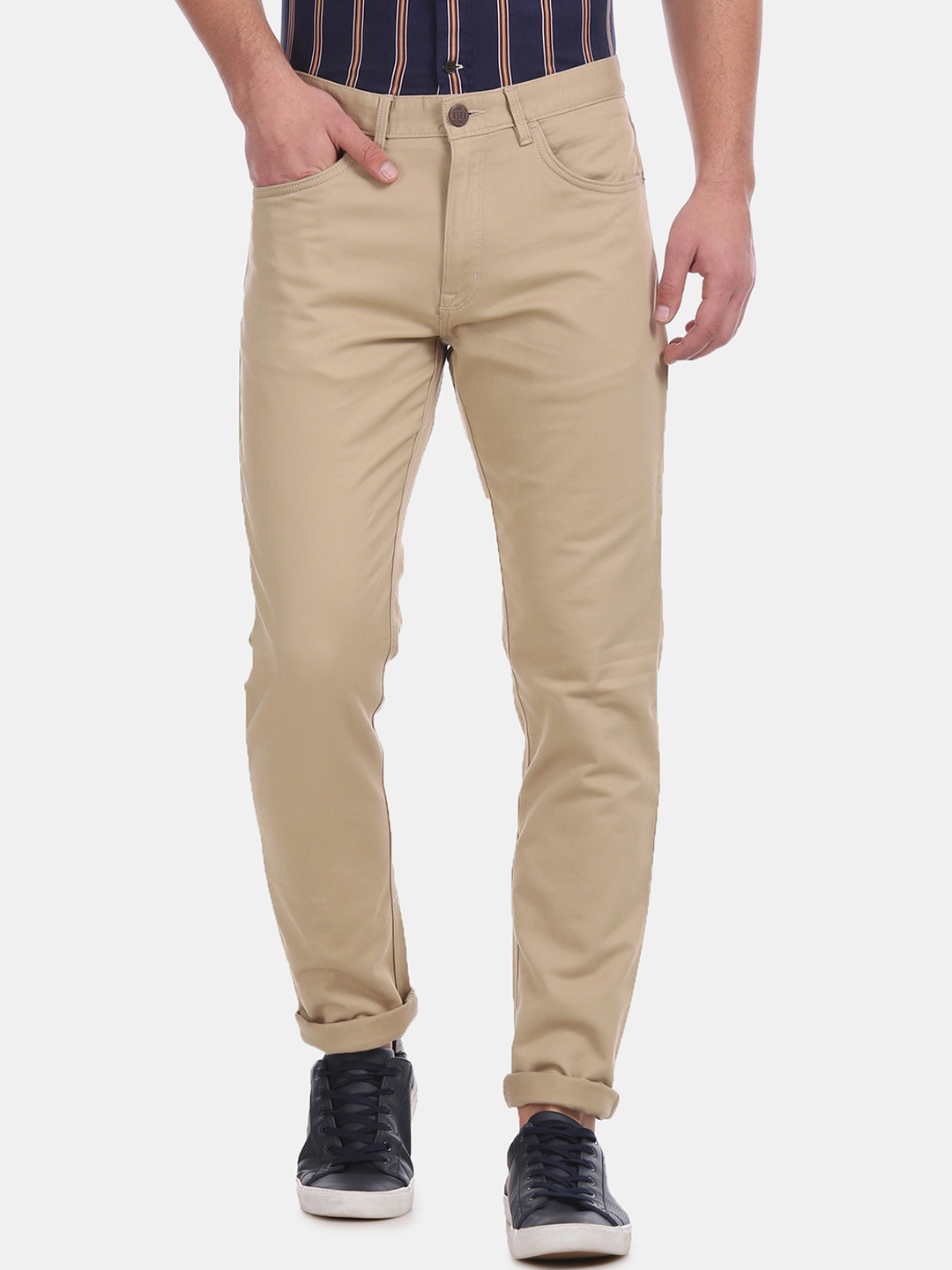 U.S. Polo Assn. Men Beige Slim Fit Solid Regular Trousers