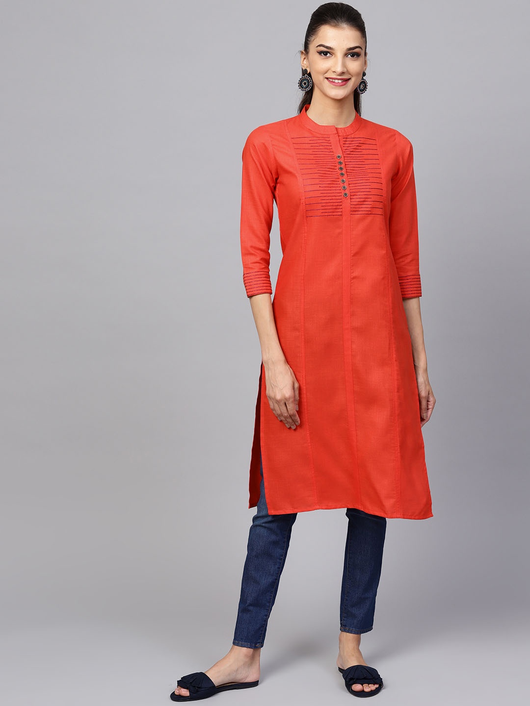 

Indo Era Women Coral Red Embroidered Straight Kurta