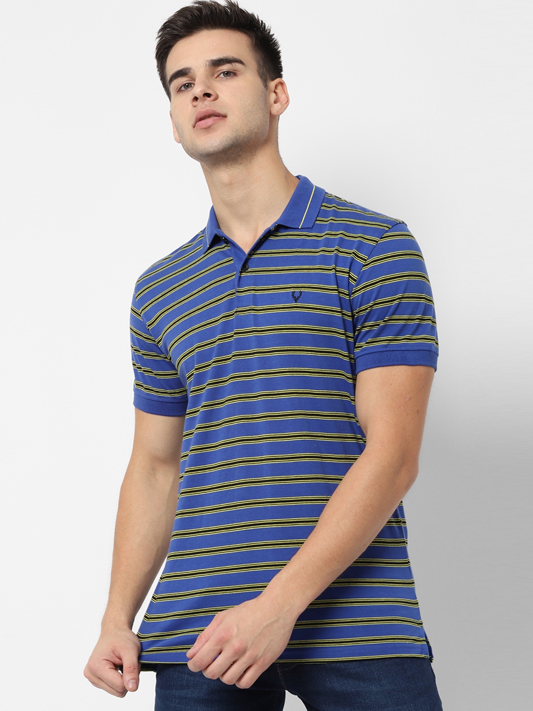 

Allen Solly Men Blue Yellow Striped Polo Collar Pure Cotton T-shirt