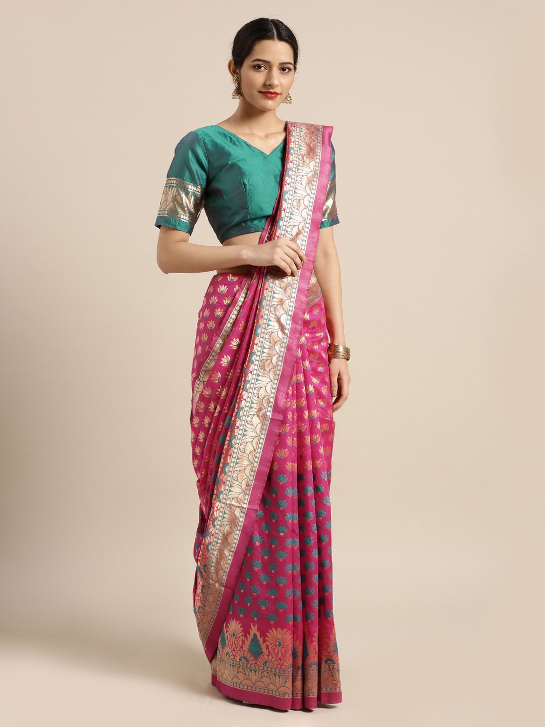 

Mitera Pink & Green Silk Blend Woven Design Kanjeevaram Saree