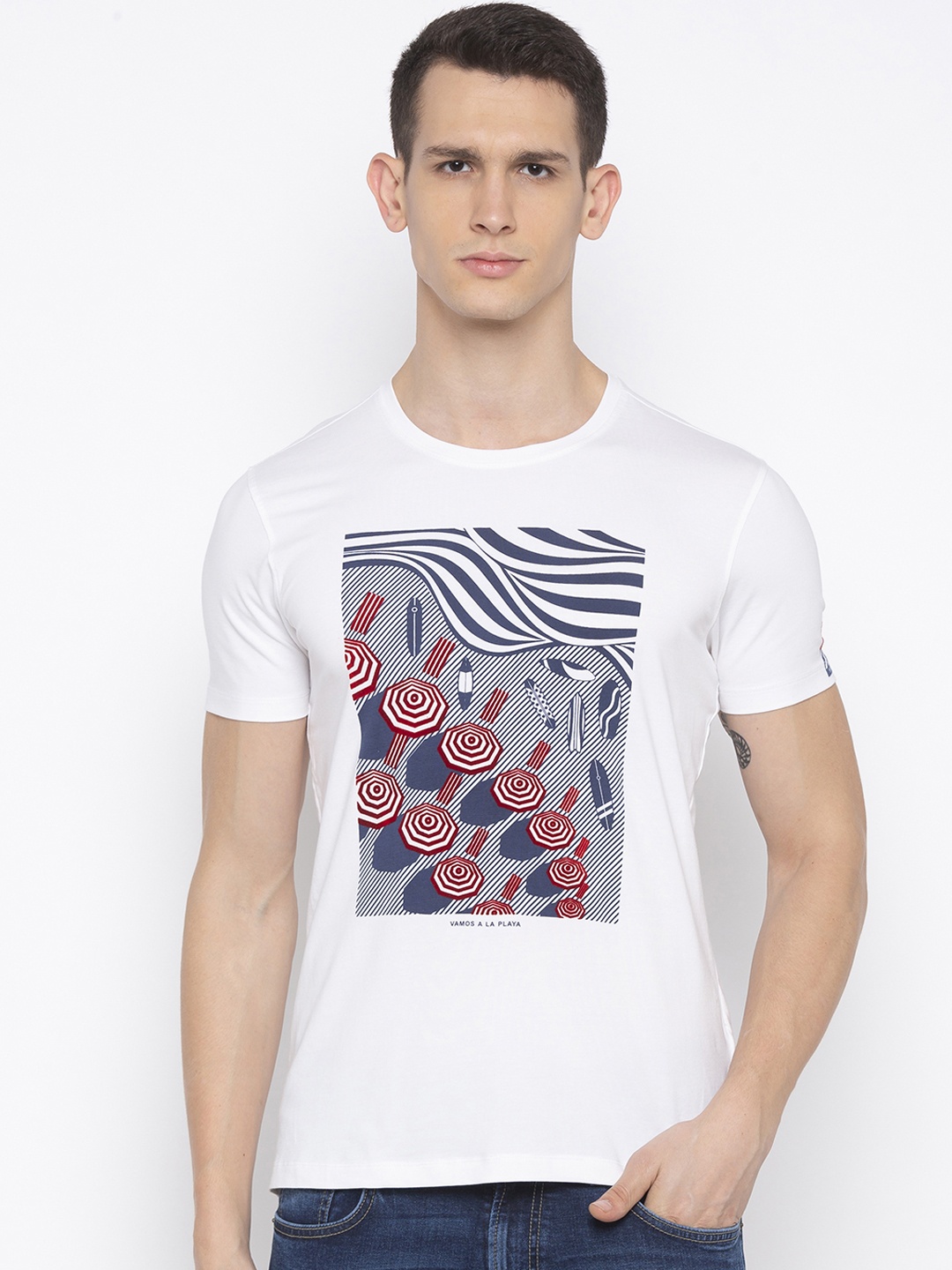 

SPYKAR Men White Printed Round Neck T-shirt