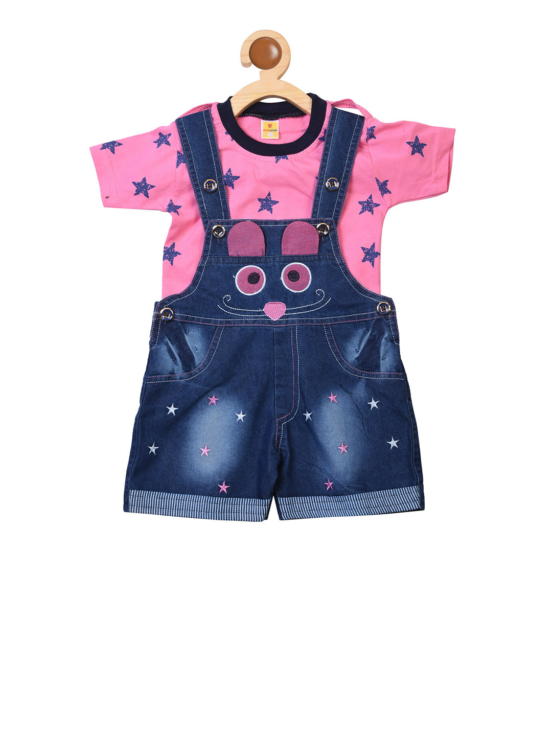 

BORN WEAR Kids Blue Solid Dungaree With Pink Printed T-Shirt