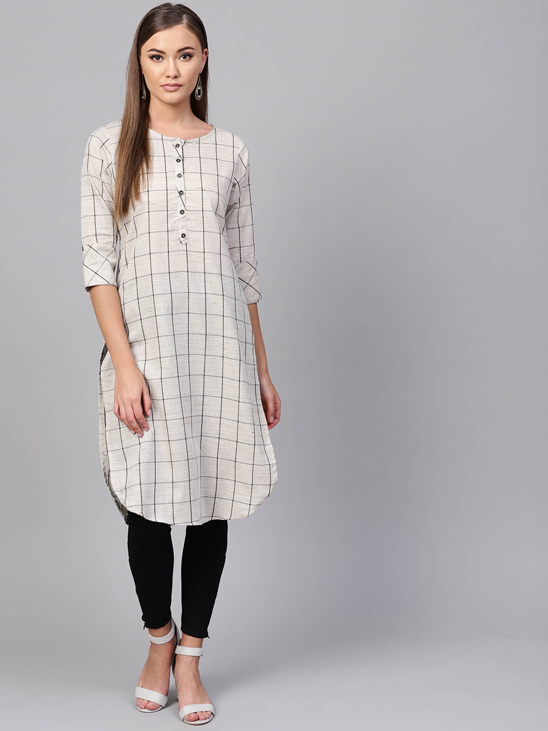 

Indo Era Women Beige & Black Checked Straight Kurta