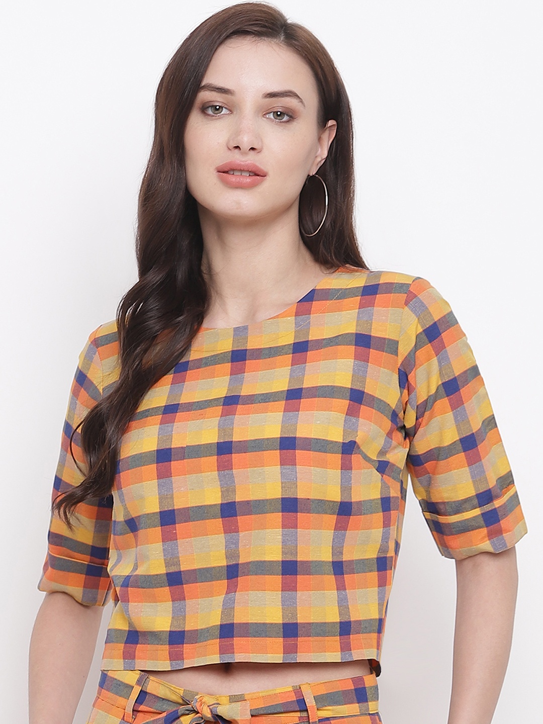 

FABNEST Women Orange & Yellow Checked Pure Cotton Top
