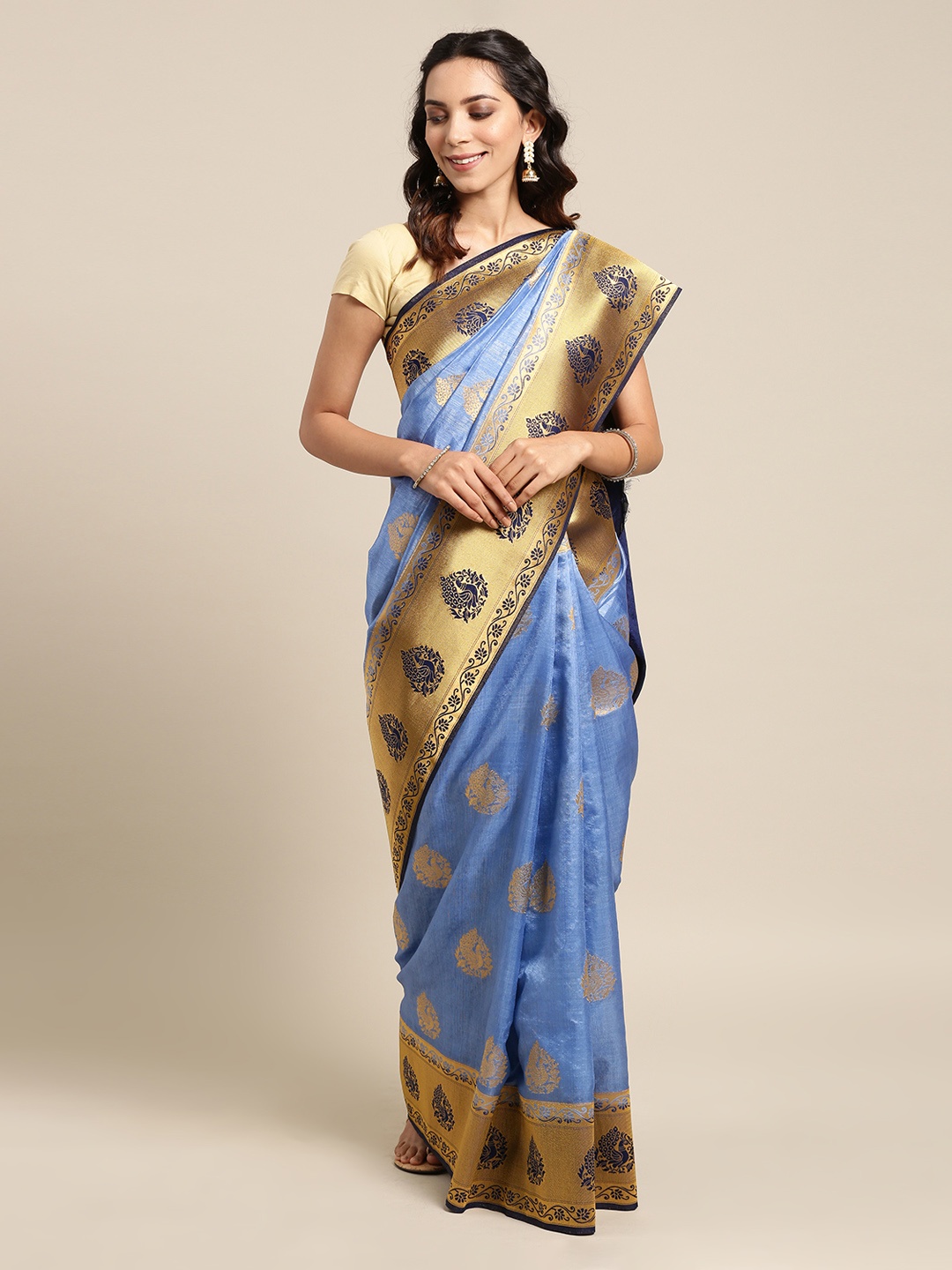 

Mitera Blue & Beige Silk Blend Woven Design Kanjeevaram Saree