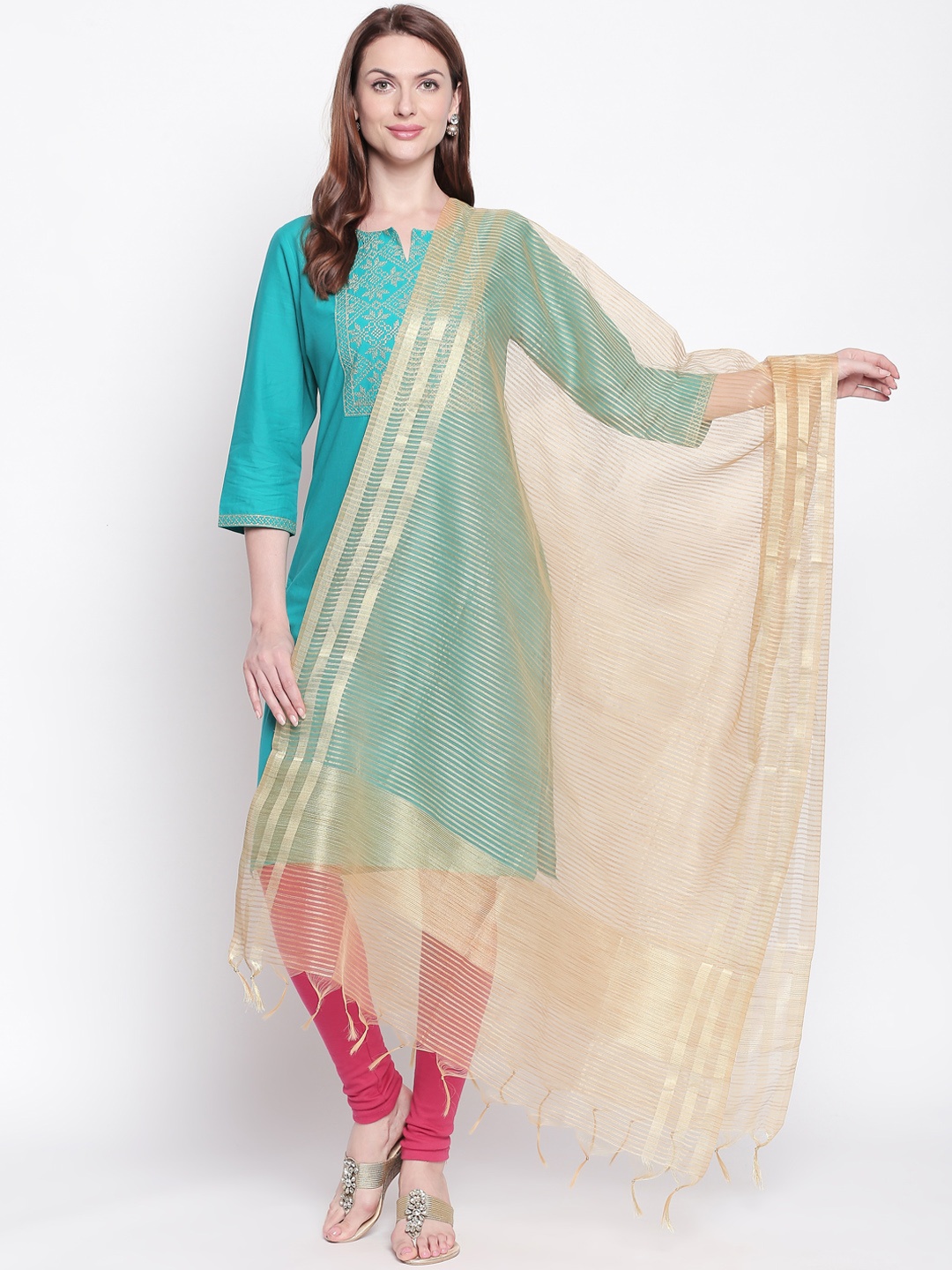 

RANGMANCH BY PANTALOONS Gold-Toned Striped Dupatta