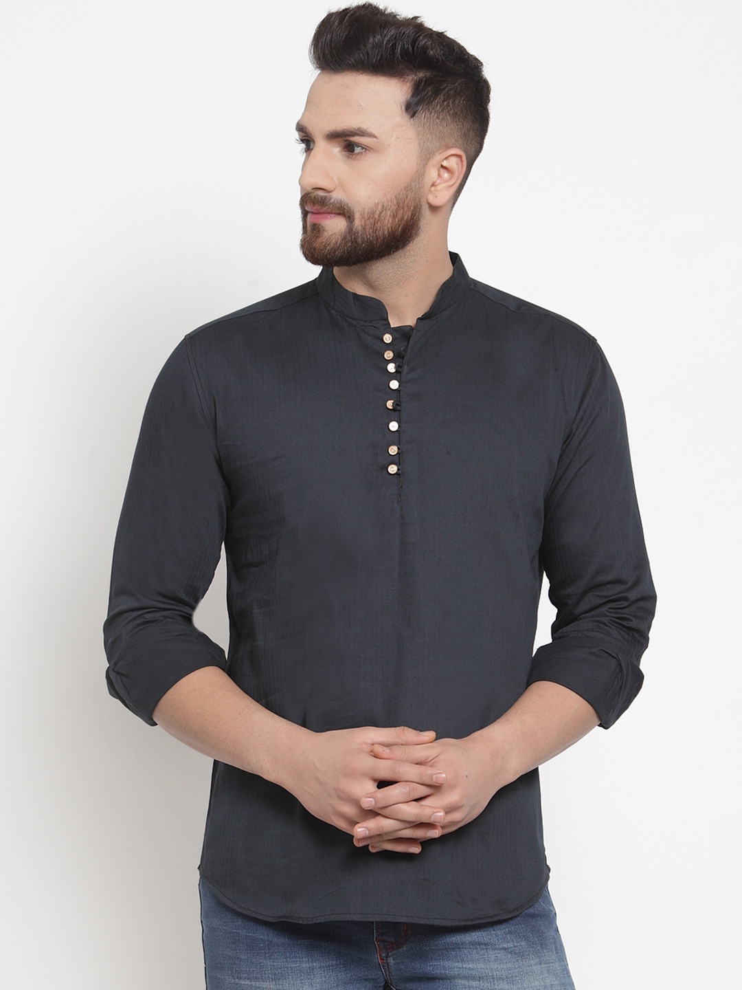 

Purple State Men Charcoal Grey Solid Straight Kurta