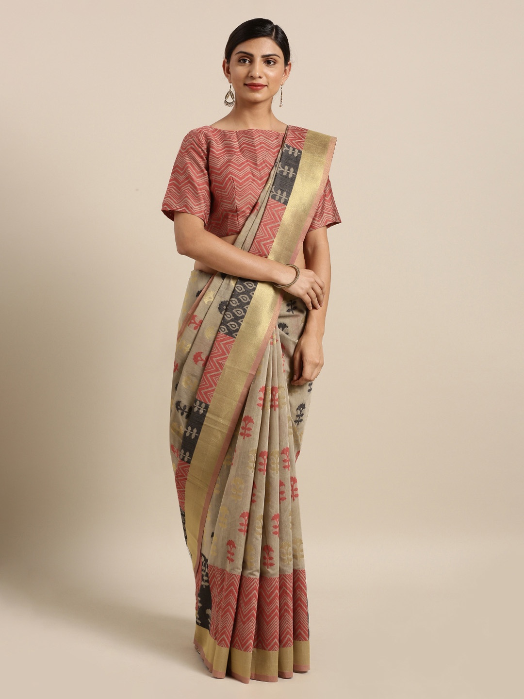 

Mitera Beige & Grey Silk Cotton Woven Design Kanjeevaram Saree
