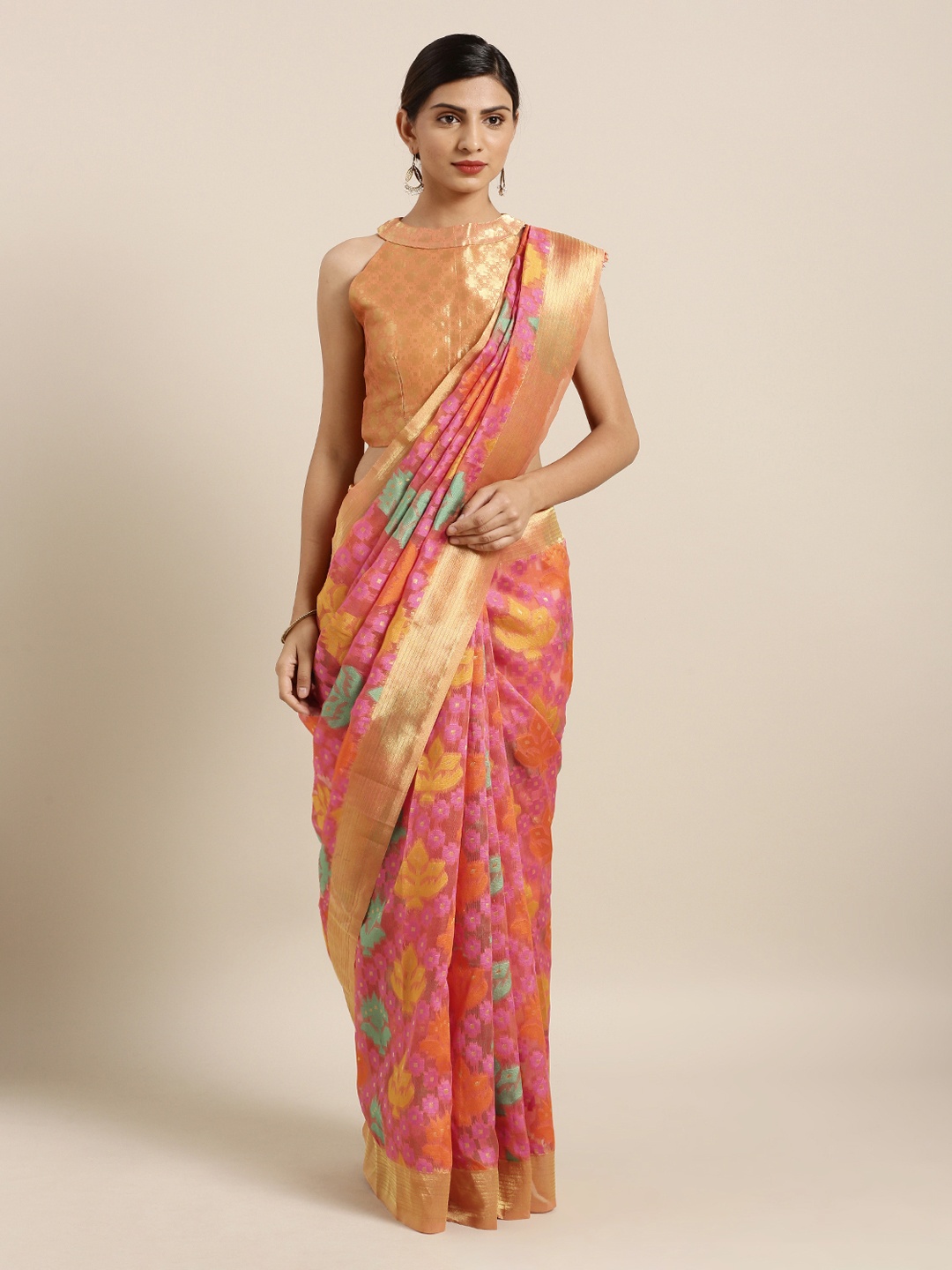 

Mitera Pink & Orange Silk Cotton Woven Design Kanjeevaram Saree