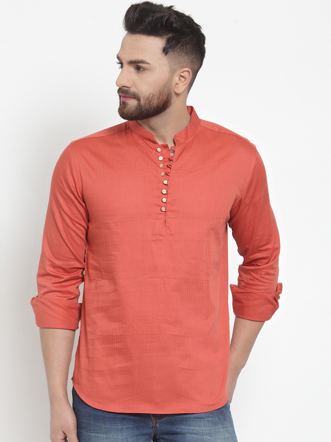 

Purple State Men Rust Orange Solid Straight Kurta