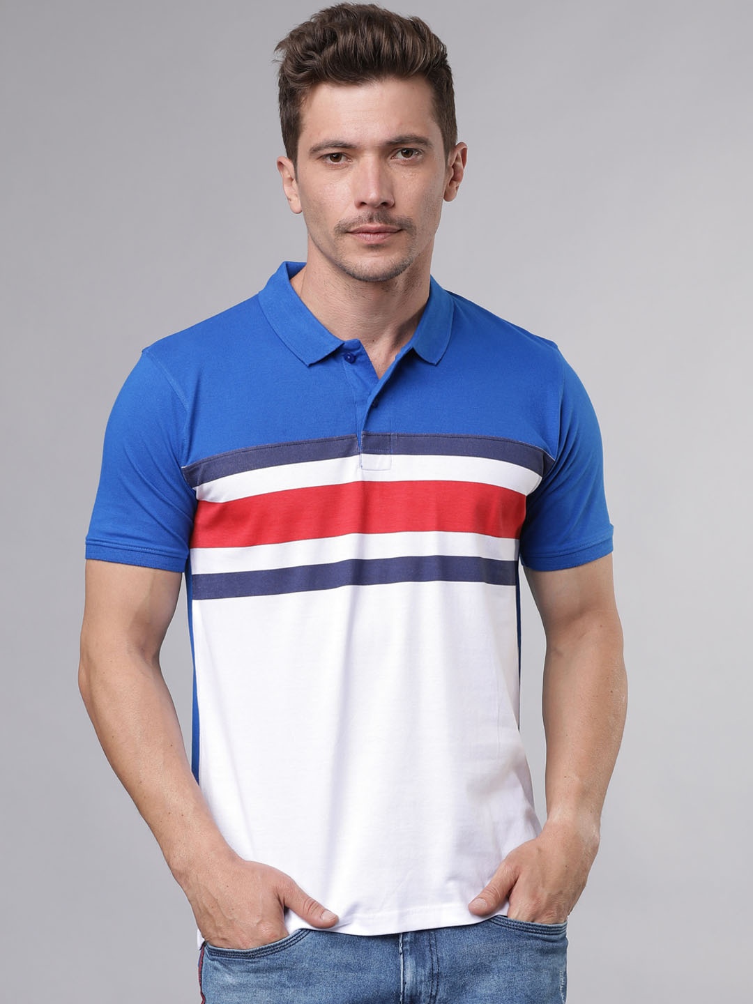 

LOCOMOTIVE Men Blue & White Colourblocked Polo Collar T-shirt