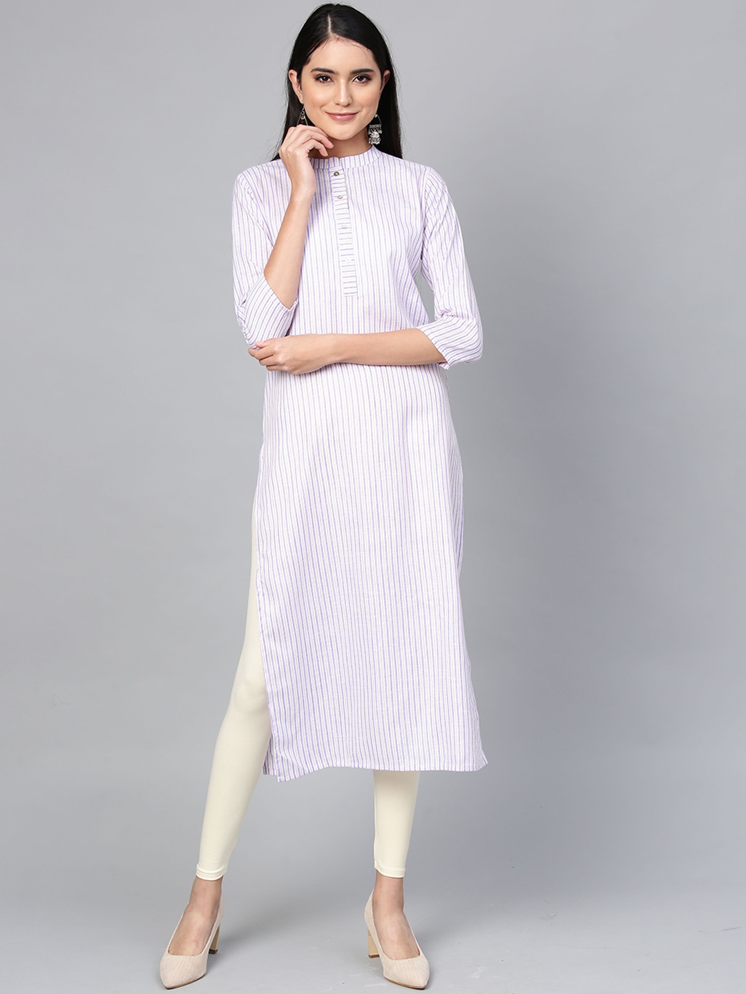 

Indo Era Women Lavender & Cream-Coloured Striped Straight Kurta