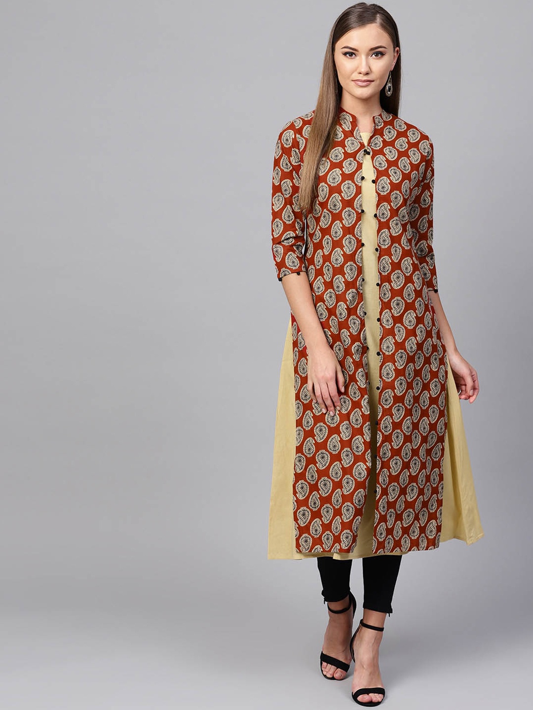 

Indo Era Women Maroon & Beige Printed Straight Kurta