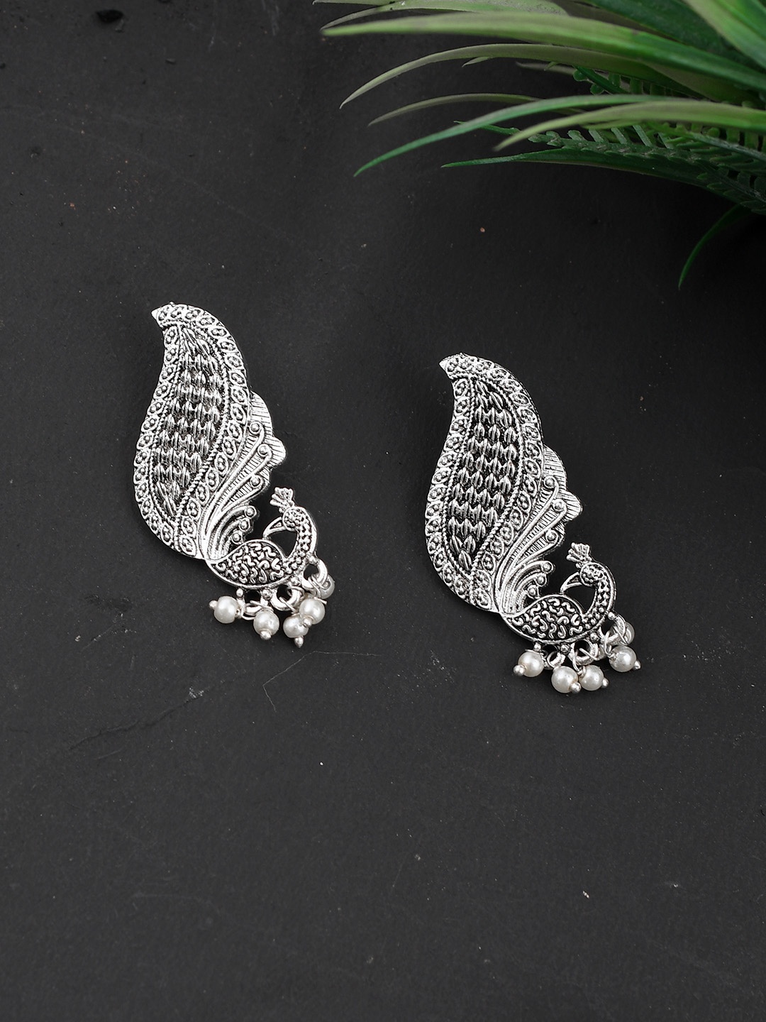

Silvermerc Designs Silver-Plated Handcrafted Peacock Shaped Drop Earrings