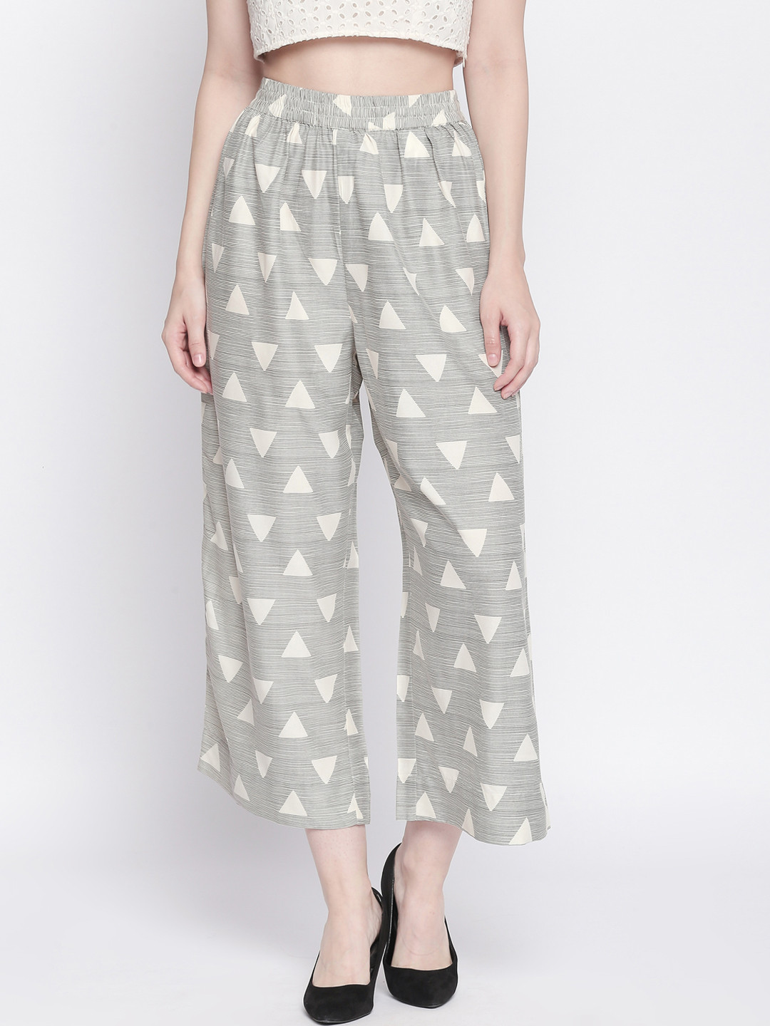 

RANGMANCH BY PANTALOONS Women Grey & Off-White Printed Straight Palazzos