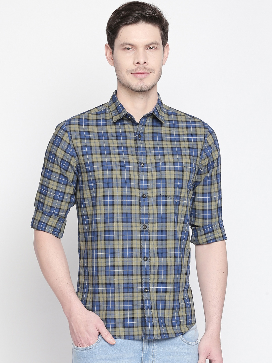 

BYFORD by Pantaloons Men Olive Green & Blue Slim Fit Checked Casual Shirt