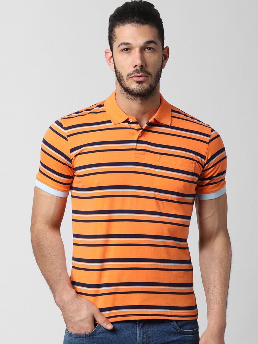 

Peter England Casuals Men Orange & Navy Blue Striped Polo Collar T-shirt
