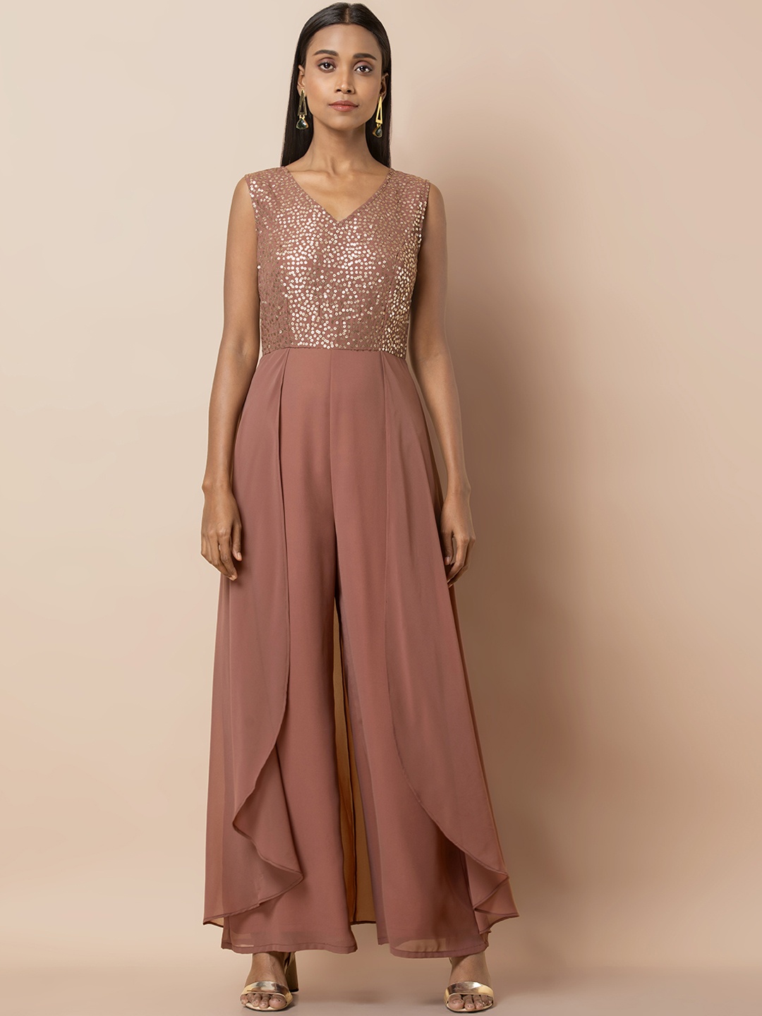 

INDYA Women Pink Self Design Basic Jumpsuit