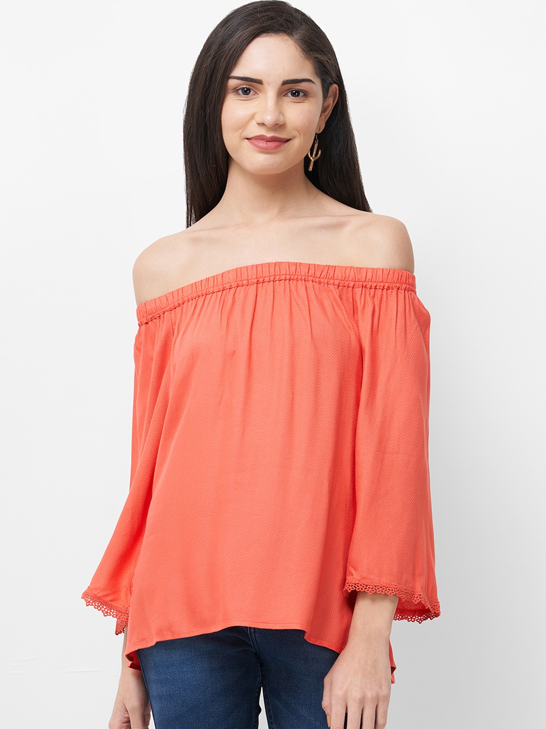 

Fusion Beats Women Coral Orange Solid Bardot Top