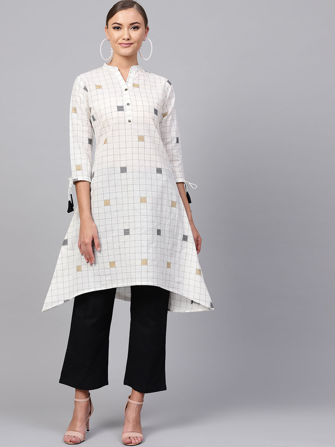 

Indo Era Women Cream-Coloured & Black Checked A-Line Kurta