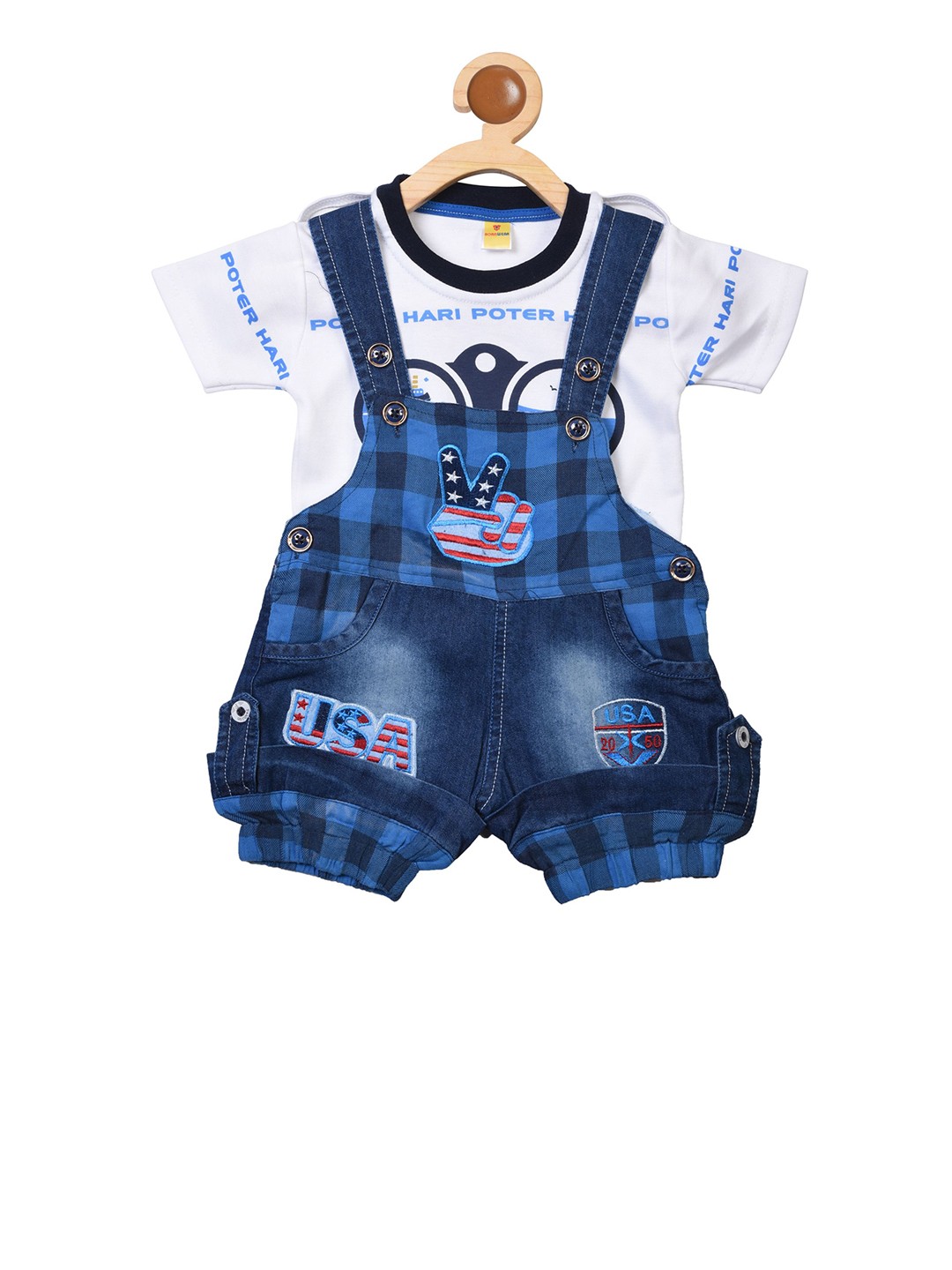 

BORN WEAR Kids Blue Checked Dungaree With White Printed T-Shirt