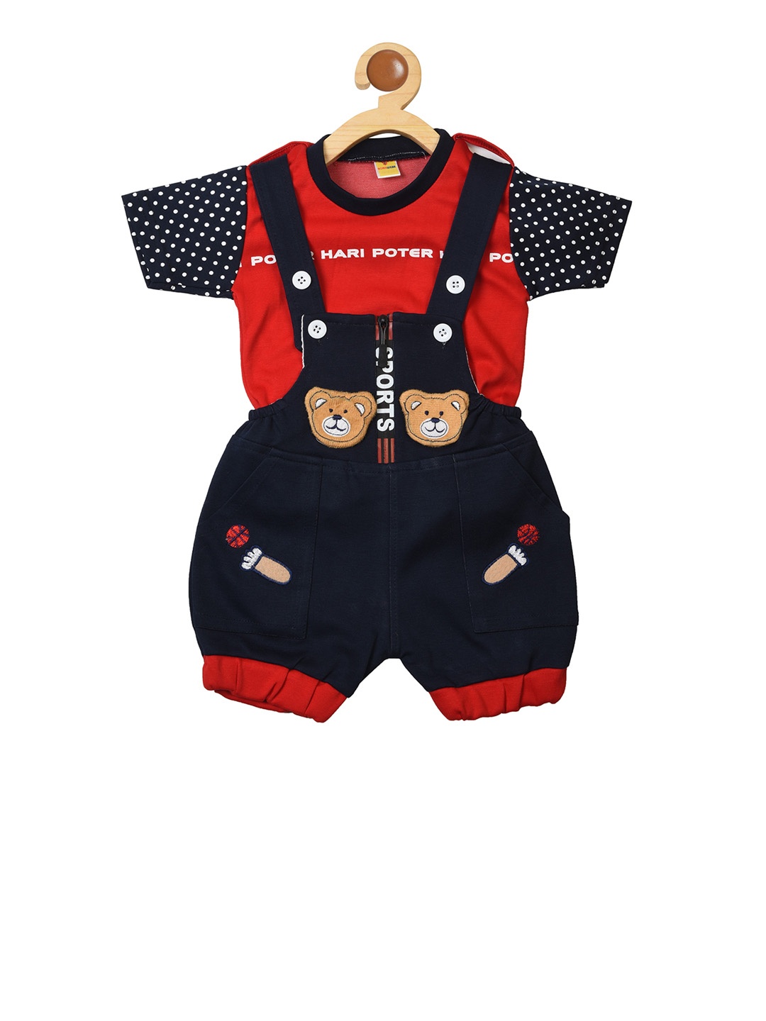 

BORN WEAR Kids Navy Blue & Red Solid Dungaree With Red T-Shirt