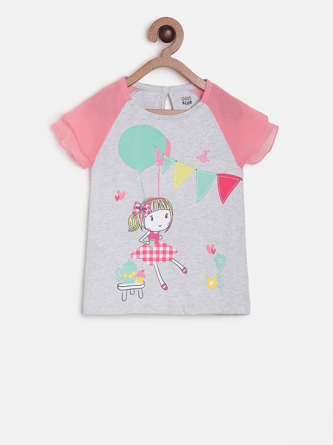 MINI KLUB Girls Grey Printed Pure Cotton Top