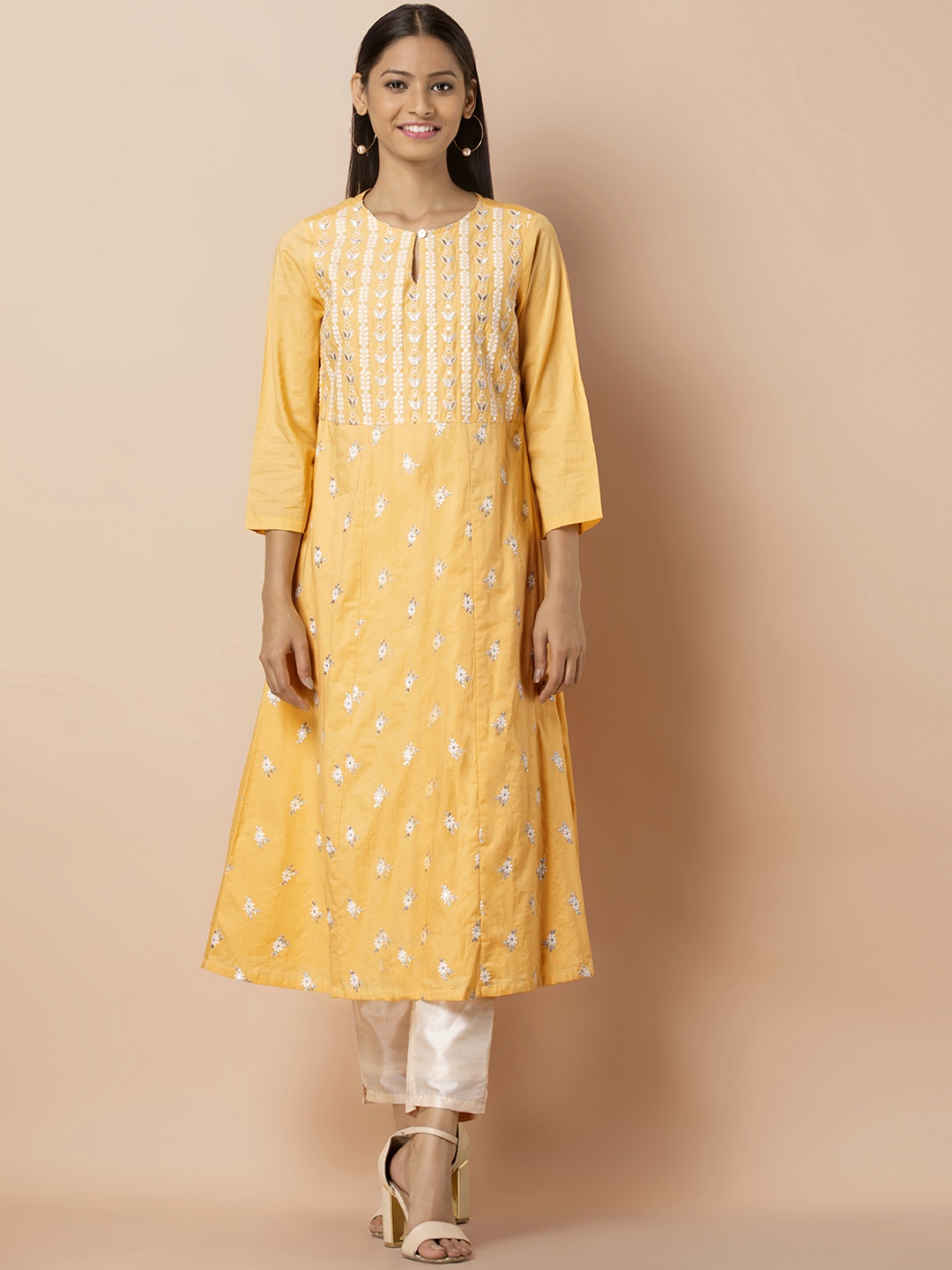 

INDYA Women Yellow & White Floral Embroidered A-Line Kurta