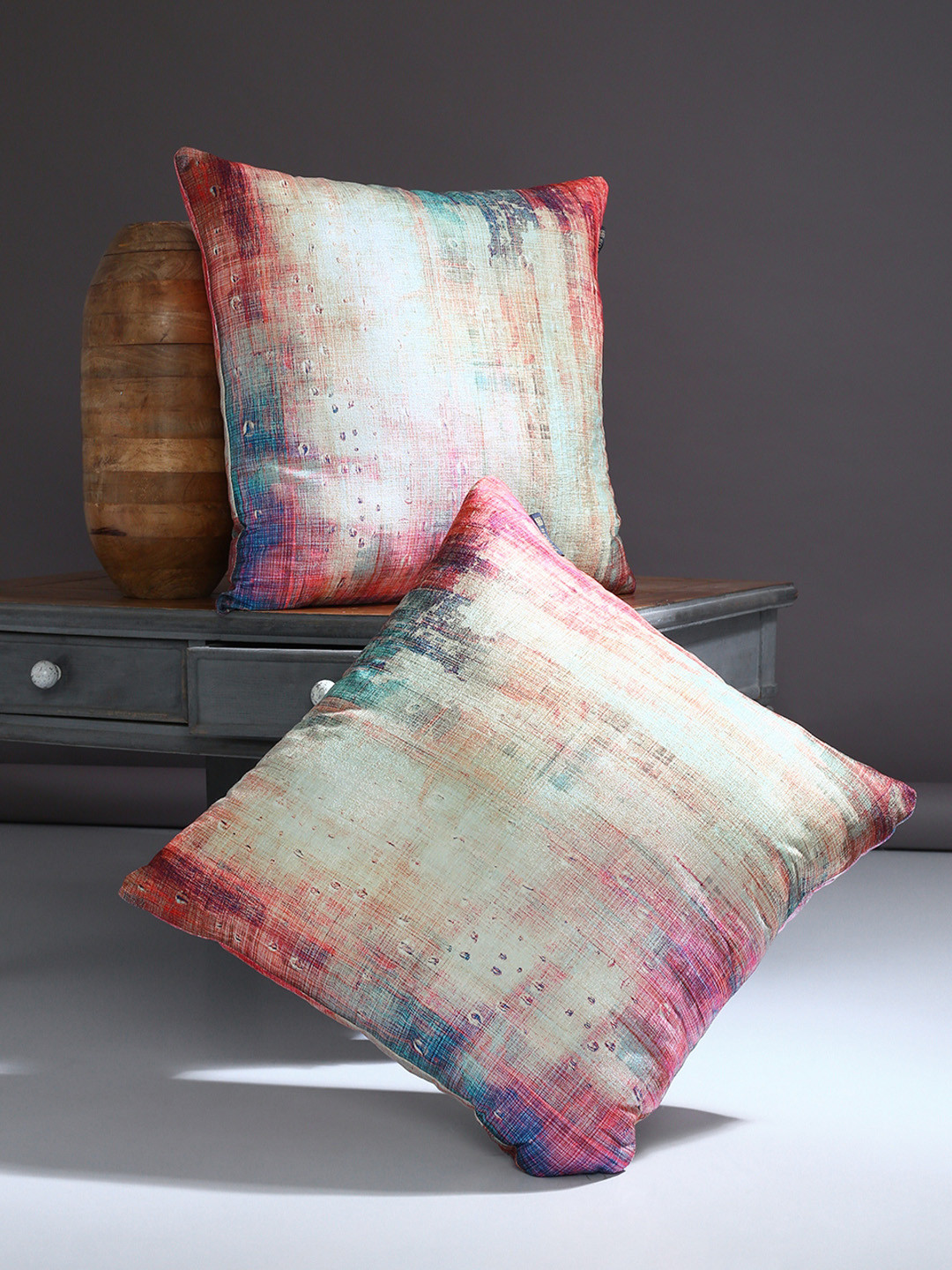 

ROMEE Set of 2 Beige & Red Abstract Square Cushion Covers