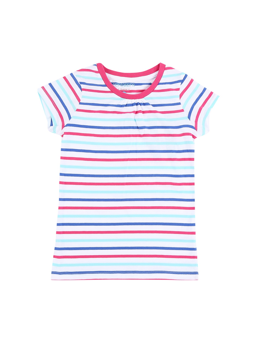 Pantaloons Junior Girls White Blue Striped Round Neck Pure Cotton T-shirt