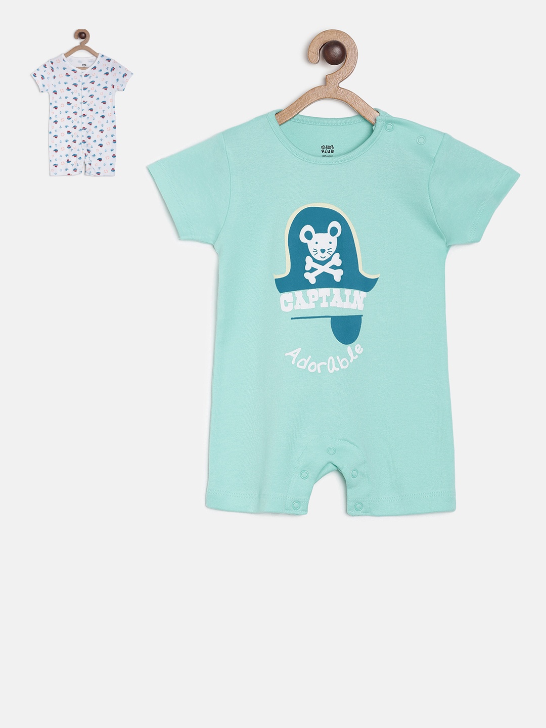 

MINI KLUB Boys Pack of 2 Printed Rompers, Sea green