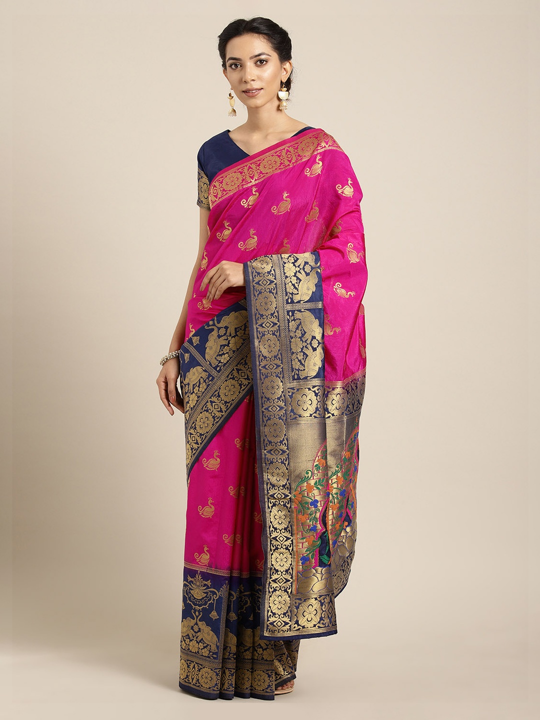 

Mitera Pink & Blue Silk Blend Woven Design Kanjeevaram Saree