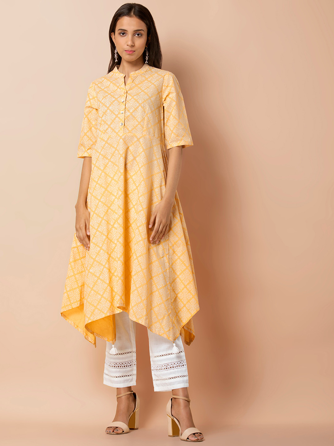 

INDYA Women Yellow Printed A-Line Asymmetric Kurta