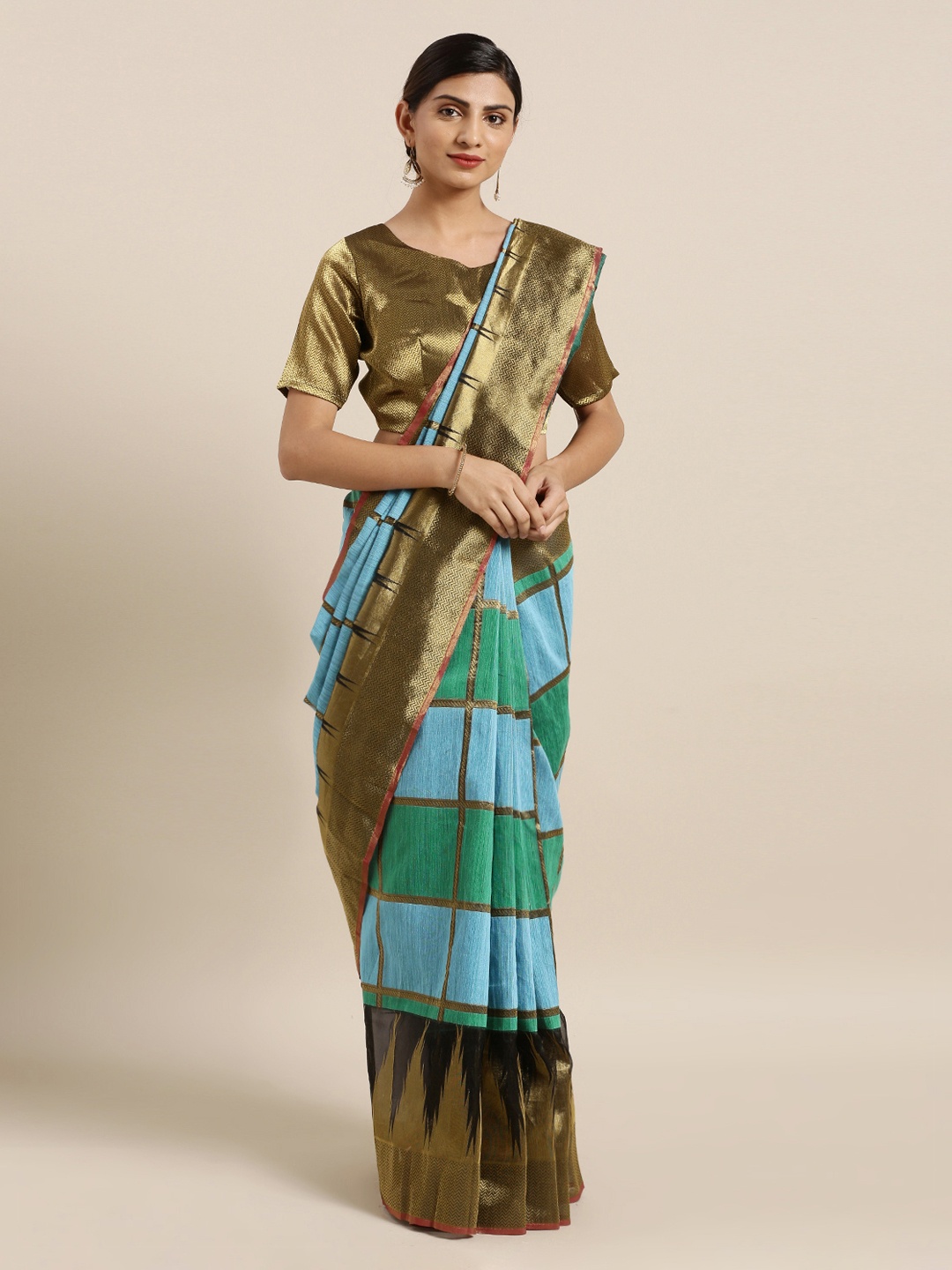 

Mitera Multicoloured Silk Cotton Checked Kanjeevaram Saree, Multi