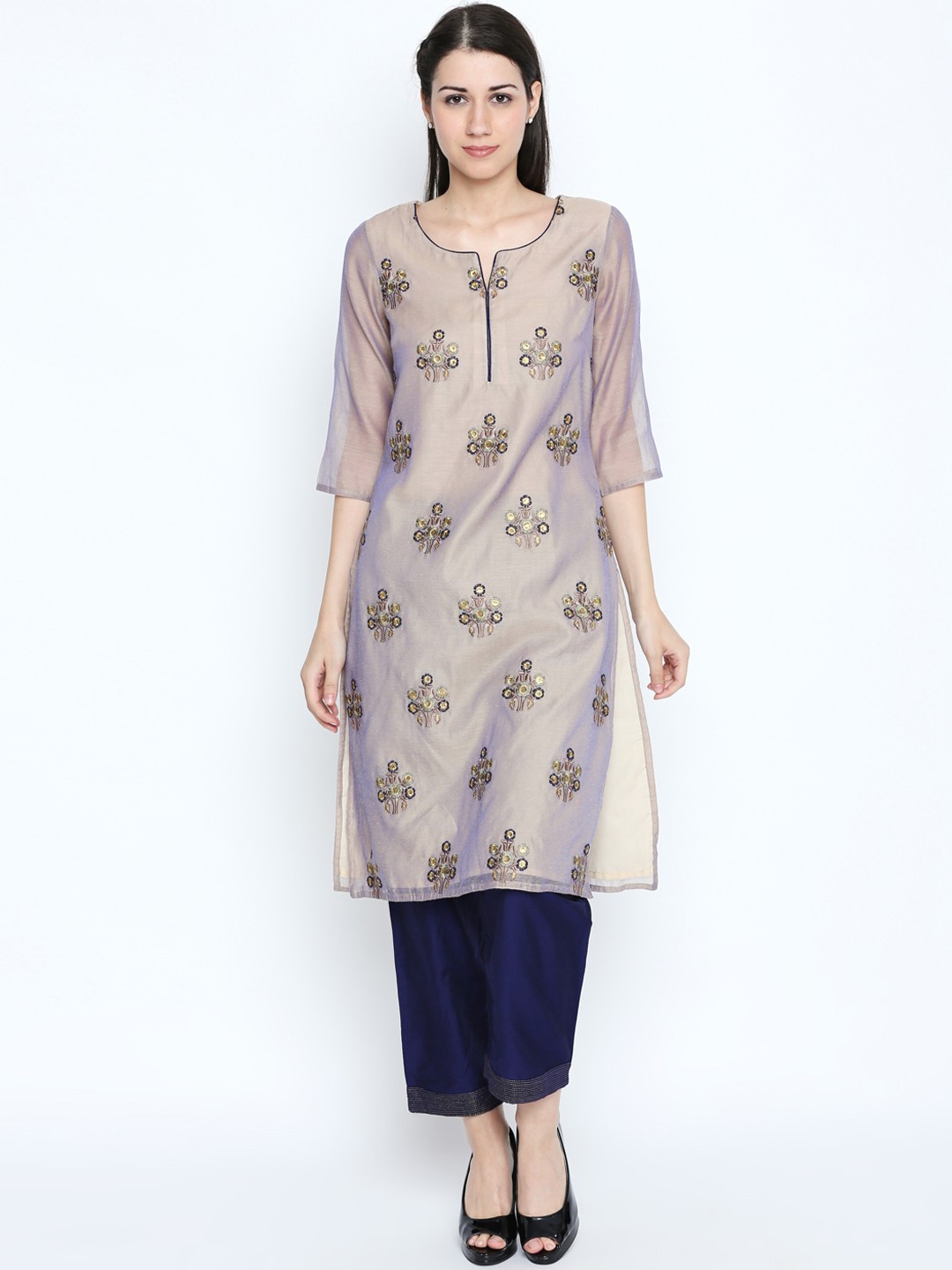 

TRISHAA BY PANTALOONS Women Taupe & Blue Embroidered Kurta with Trousers