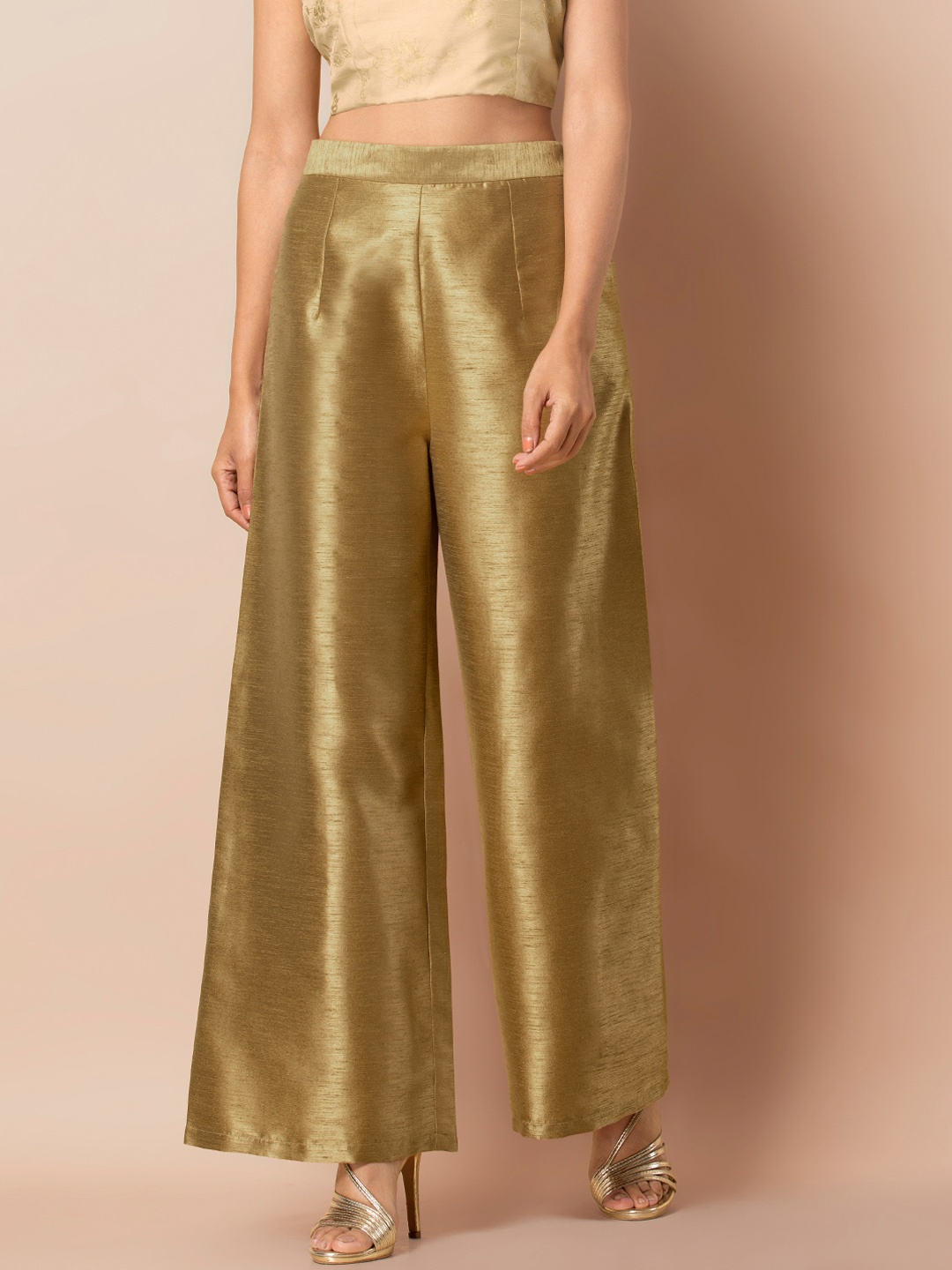 INDYA Women Gold-Coloured Solid Wide Leg Palazzos