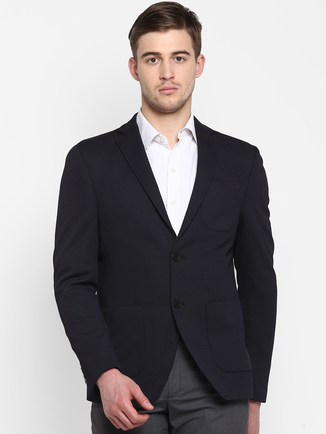 

Aditi Wasan Men Navy Blue Self-Design Single-Breasted Casual Blazer
