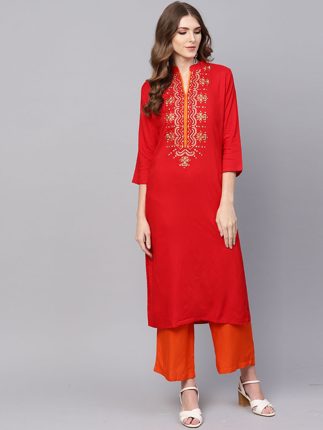 Indo Era Women Red Yoke Design Straight Kurta