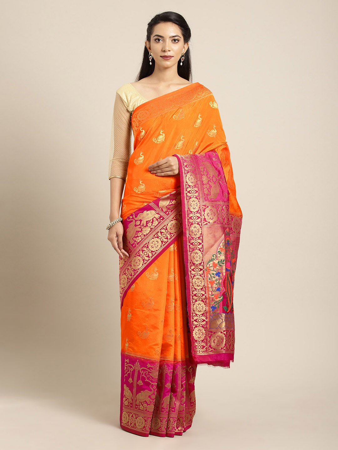 

Mitera Orange & Pink Silk Blend Woven Design Kanjeevaram Saree