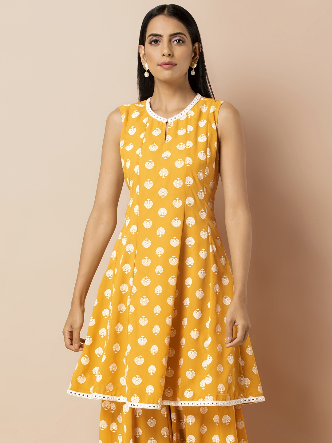 

INDYA Women Yellow Printed A-Line Kurta