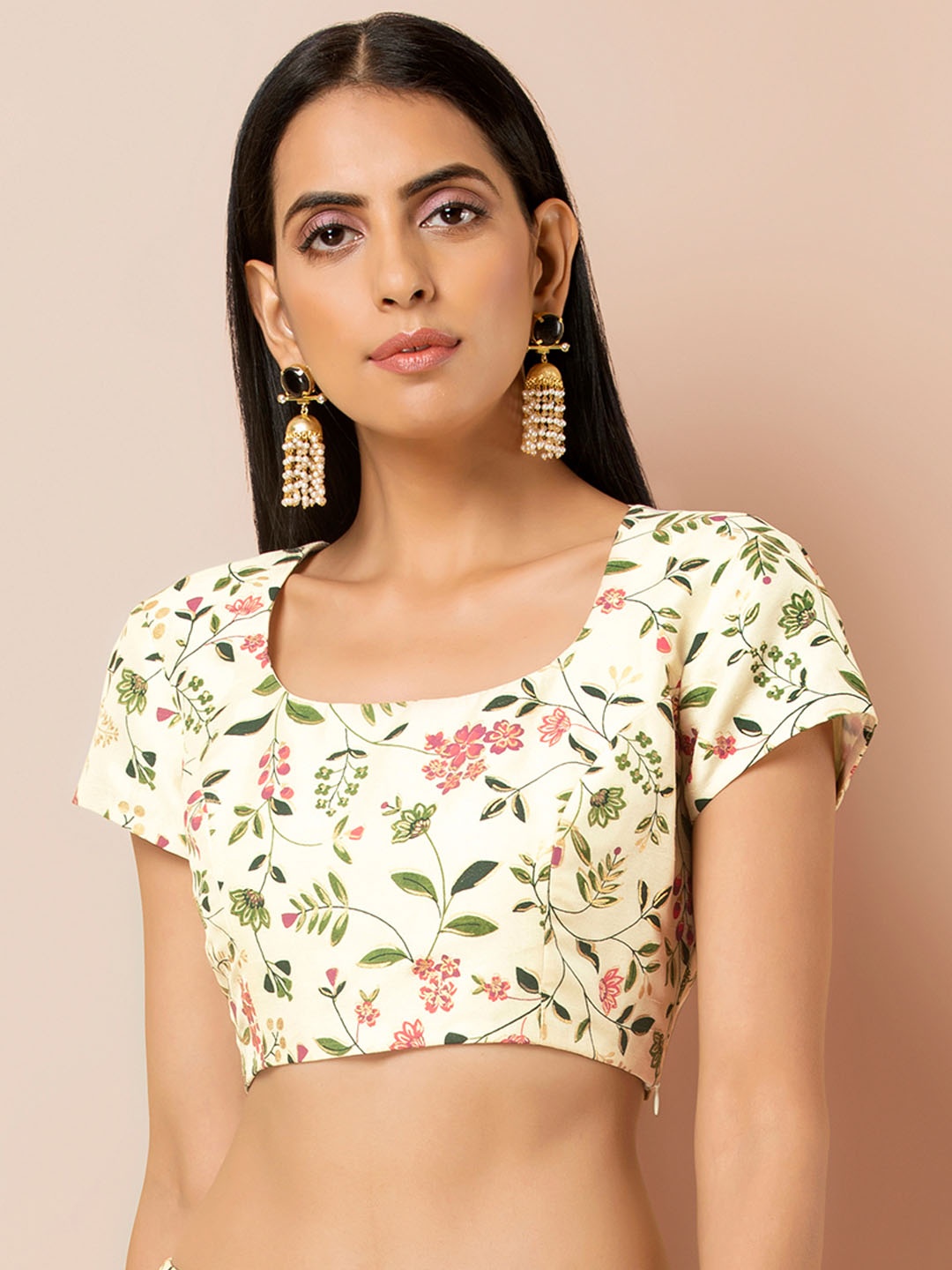 

INDYA Women Cream-Coloured Printed Styled Back Crop Top