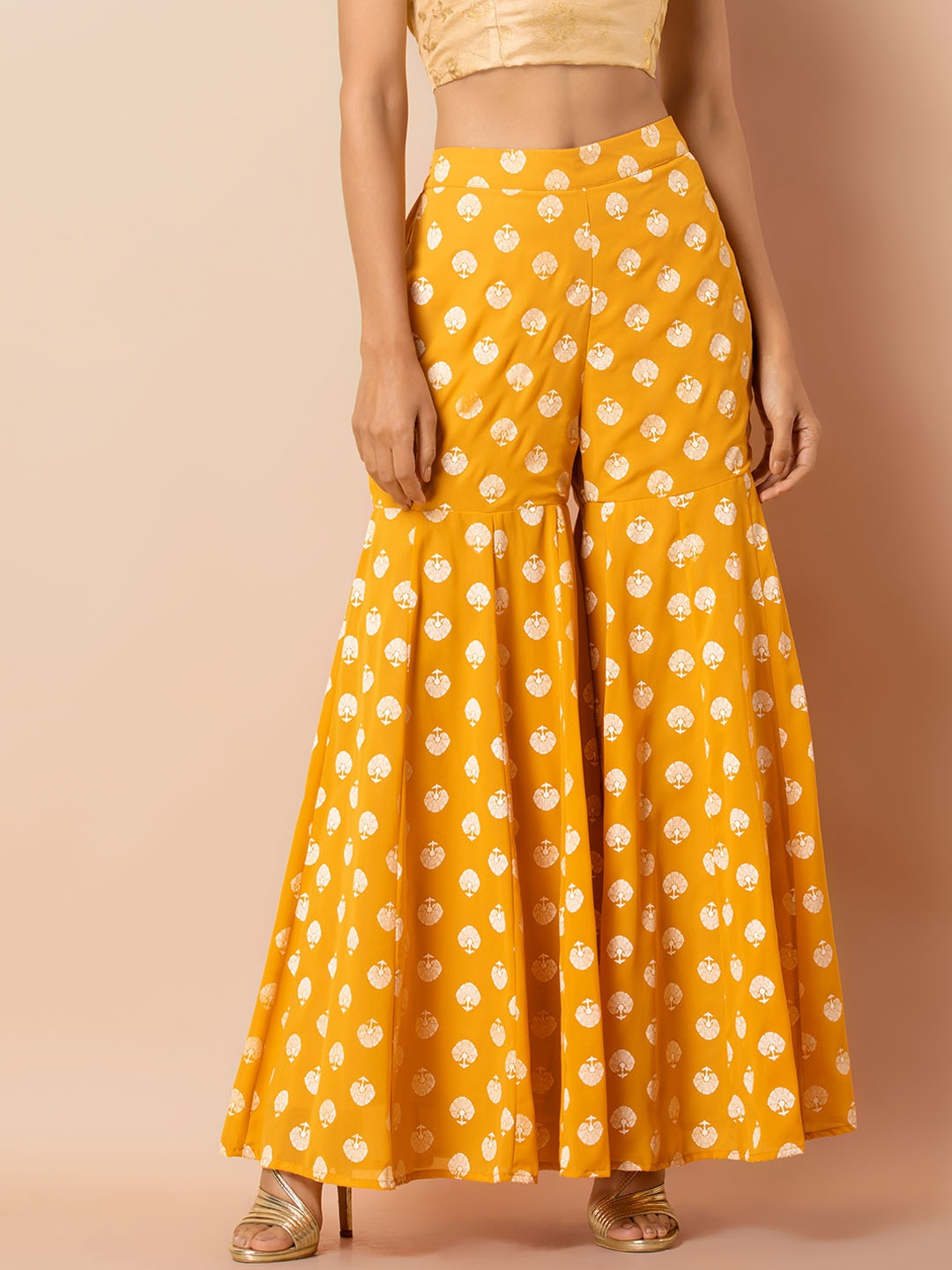 

INDYA Women Yellow & White Printed Wide Leg Palazzos