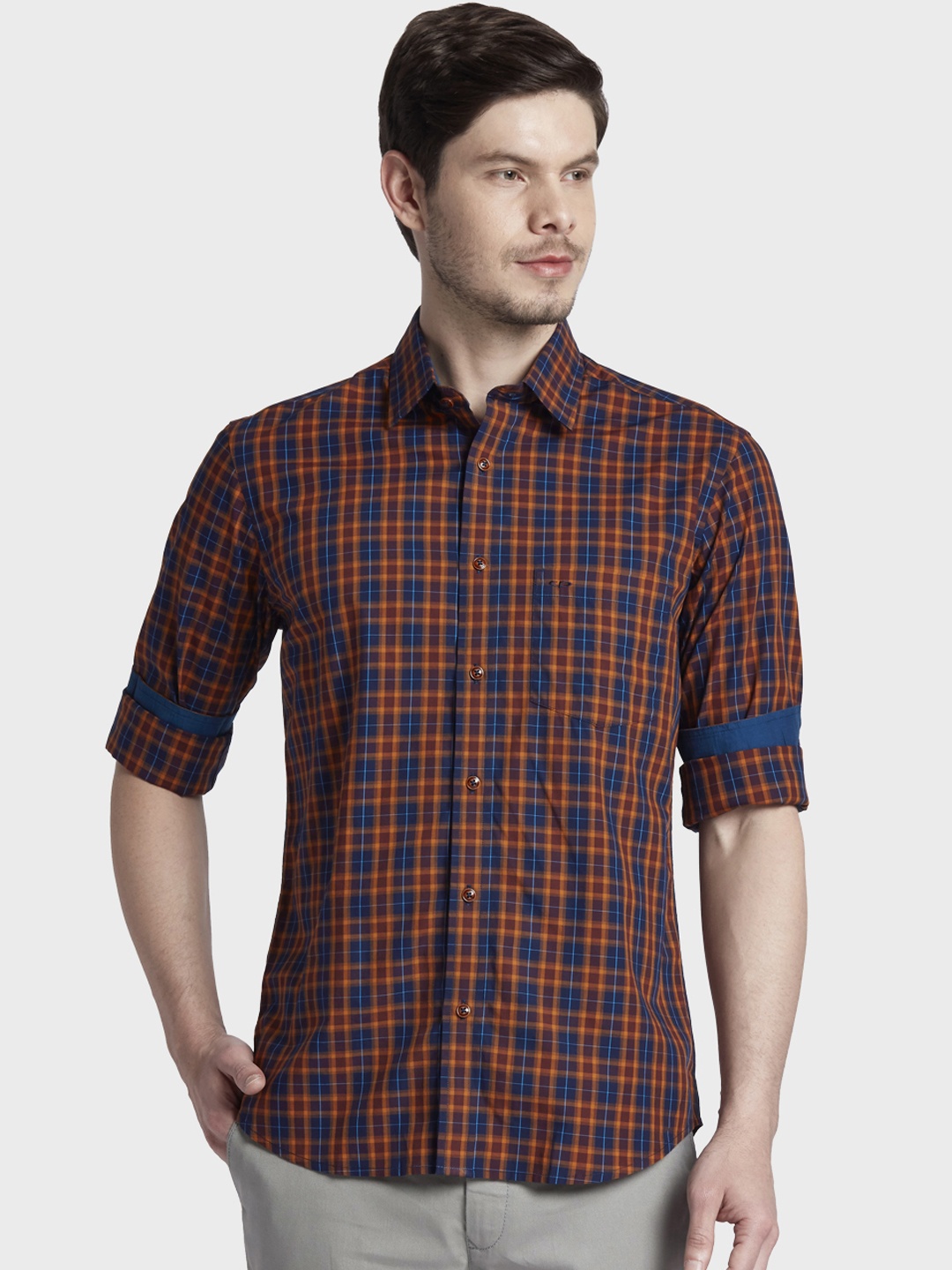 

ColorPlus Men Mustard Yellow & Maroon Tailored Fit Checked Casual Shirt