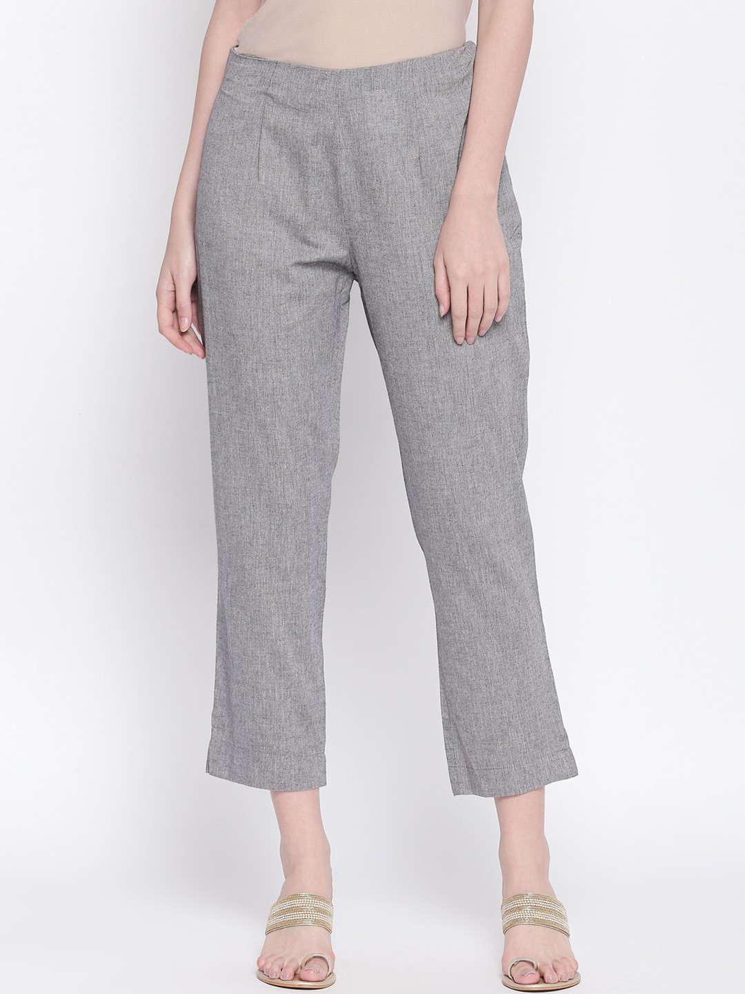 

RANGMANCH BY PANTALOONS Women Grey Regular Fit Solid Cropped Peg Trousers