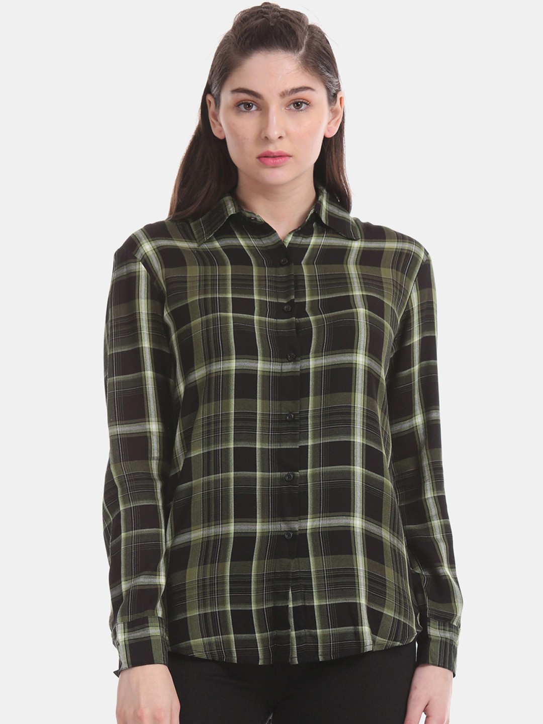 

Aeropostale Women Green & Black Regular Fit Checked Casual Shirt
