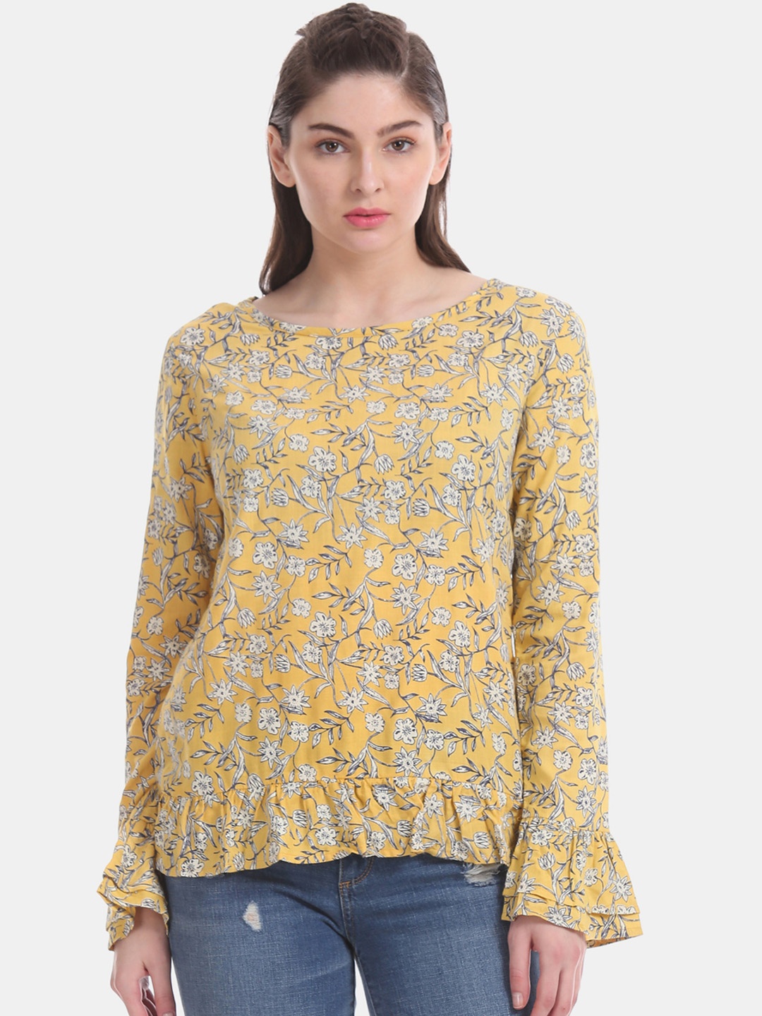 

Aeropostale Women Mustard Yellow Printed Top