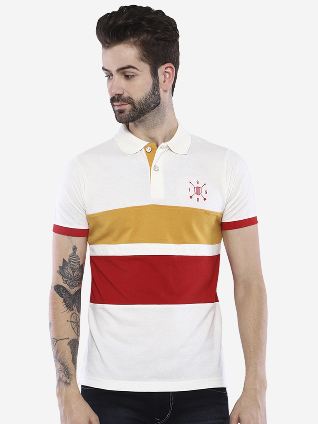 

Duke Men Off-White & Red Striped Polo Collar T-shirt