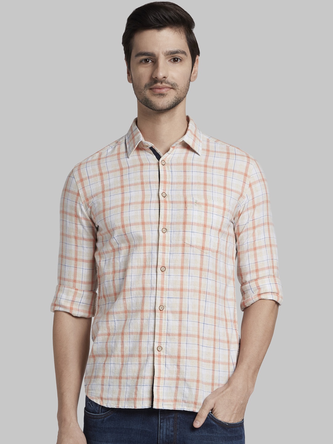 

Parx Men Orange & Beige Slim Fit Checked Casual Shirt