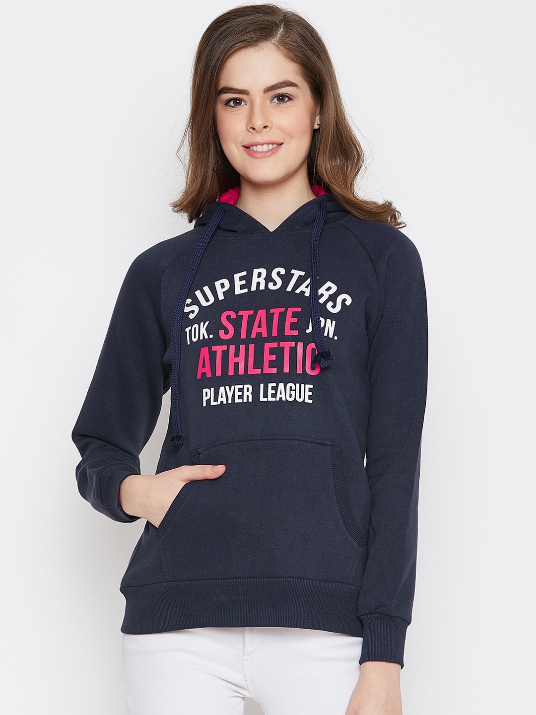 

Austin wood Women Navy Blue Printed Hooded Sweatshirt